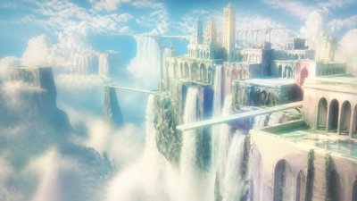 a cliffside city with waterfalls cascading into a misty canyon, wide establishing shot, no people, no text