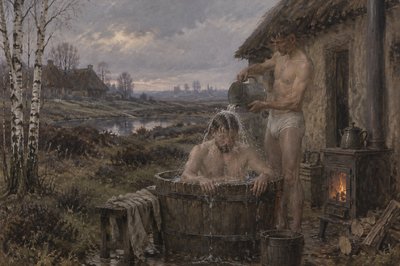 a man in briefs pours a pitcher of water over a man sitting in a tub by a warm stove