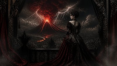 an erupting volcano with lightning strikes, dramatic wide composition, no text