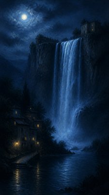 towering waterfall cascading down a cliff