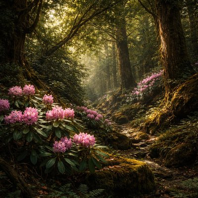 Rhododendrons in bloom under a canopy of trees in Appalachia 