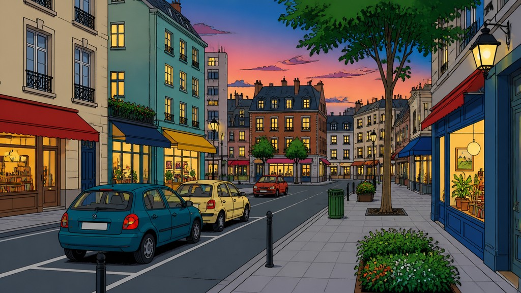 city street panorama at dusk with parked cars, lit shop windows and empty sidewalks, no people