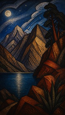 a tranquil mountain lake beneath a starry night sky, no people, no text