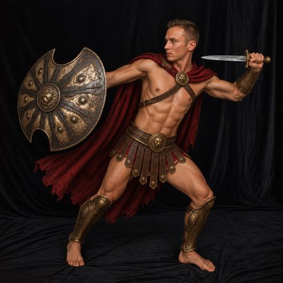 a man in a roman gladia costume holding a sword and shield