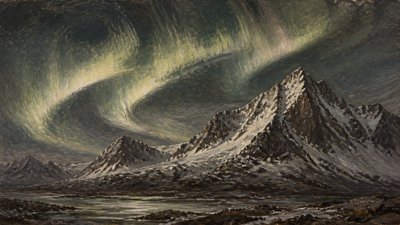 a flowing aurora over snowy peaks, wide sweeping composition, no people, no text