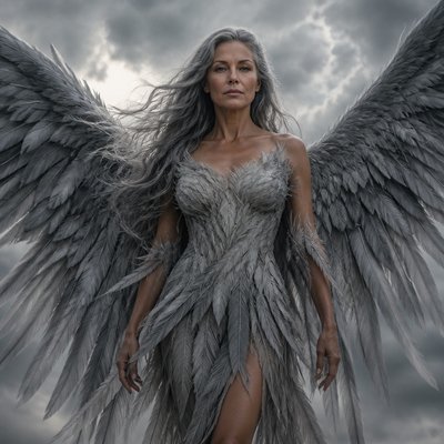 Fais moi une deesse et fort avec des cheveux gris et agé et des ailes grises immenses, elle est habille en plumes de oseaux sans bijou elle représente la deesese de l’aire c’est une humain avec des yeux des ailes et une tenue en ailes grise, elle a pas de frange ses cheveux sont gris et long, elle a la 50 ene, elle est realiste 