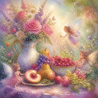 still life arrangement of fruits and flowers