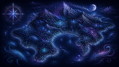 a map of an island realm with mountains, forests, a sheltered bay, sea monsters in the water and a compass rose, no text labels
