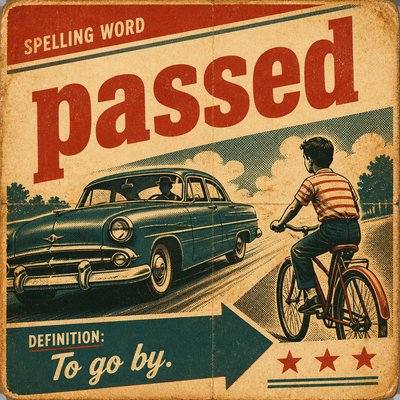 Please create a flashcard for the spelling word: "passed" and it's definition: "To go by."
