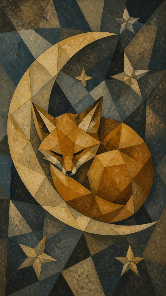 a sleeping baby fox curled on a crescent moon among soft stars, gentle and warm, no text