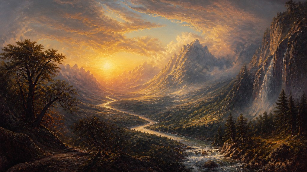 a vast valley with a river winding toward distant mountains at sunrise, no people, no text
