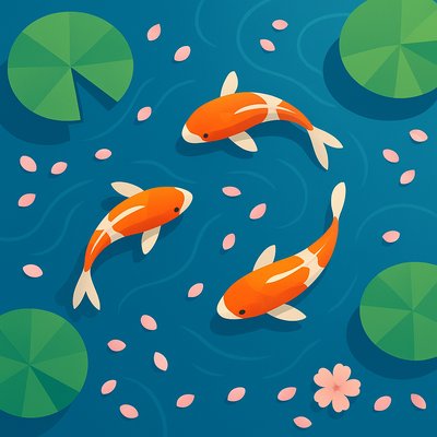 A koi pond seen from above, orange and white koi fish swimming among lily pads, clear water with subtle ripples, fallen cherry blossom petals floating on the surface, dappled sunlight