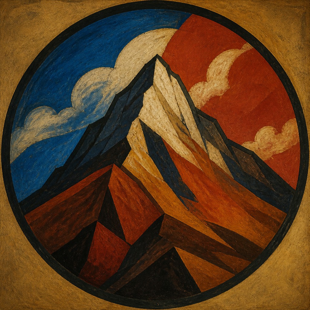 an emblem of a mountain peak inside a circle, simple bold shapes on a plain background, no text or lettering