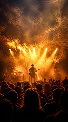 a live music scene with a glowing stage and silhouetted crowd, energetic vertical composition with open space at the top, no text
