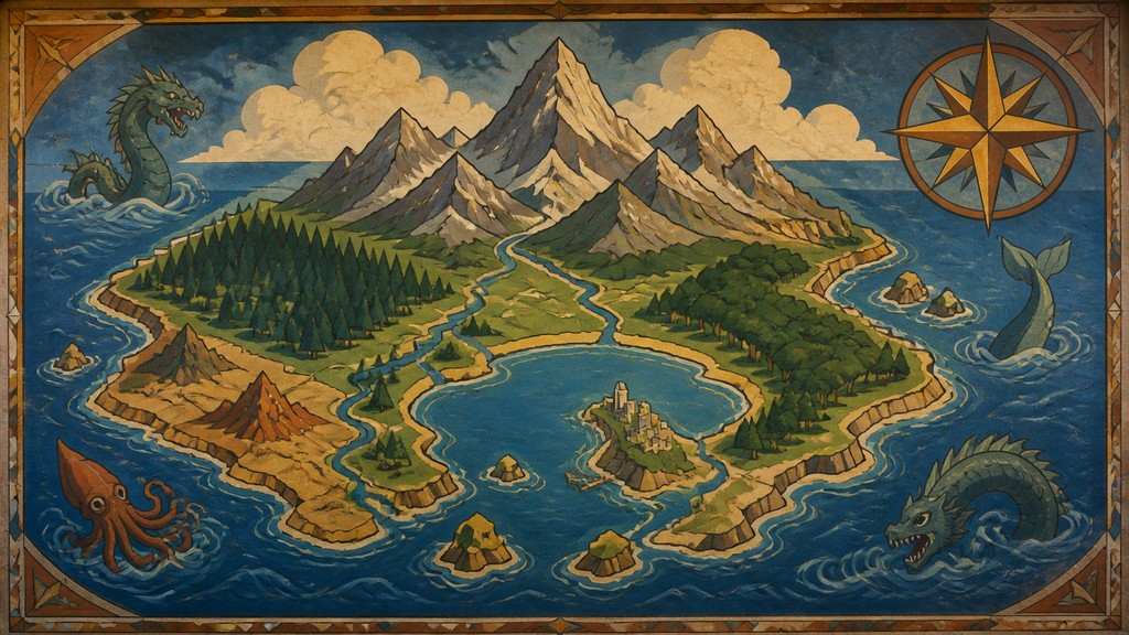 a map of an island realm with mountains, forests, a sheltered bay, sea monsters in the water and a compass rose, no text labels