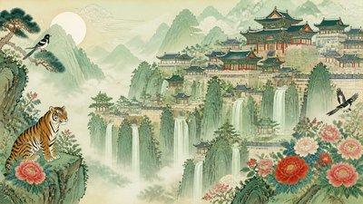 a cliffside city with waterfalls cascading into a misty canyon, wide establishing shot, no people, no text