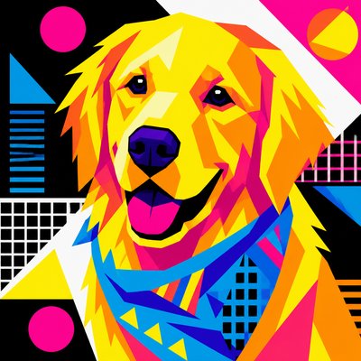portrait of a golden retriever wearing a blue bandana, warm plain backdrop, no text