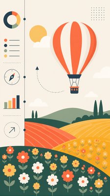 a hot air balloon drifting over rolling flower fields on a sunny day, cheerful, no text