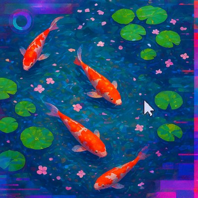 A koi pond seen from above, orange and white koi fish swimming among lily pads, clear water with subtle ripples, fallen cherry blossom petals floating on the surface, dappled sunlight