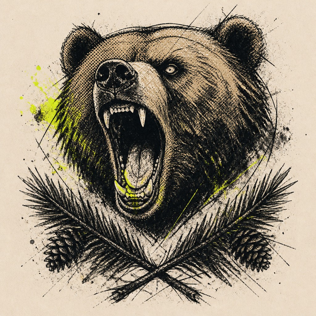 a roaring bear head above crossed pine branches, bold graphic composition on a plain background, no text