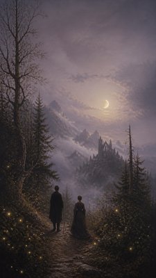 a mysterious forest path with fireflies and drifting mist, atmospheric vertical composition with open space at the top, no text