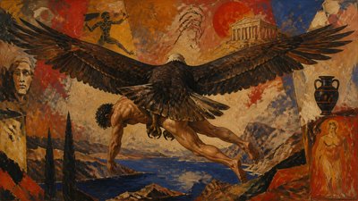 back side view of a  large eagle flying with outspread wings carying an ignudi greek athlete 