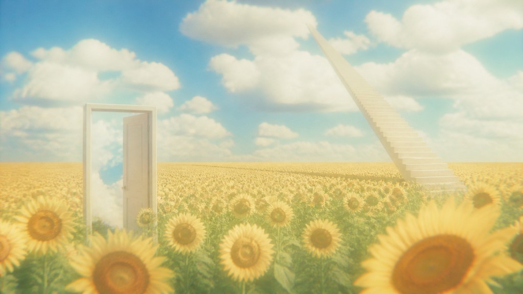 an endless field of sunflowers under summer clouds, no people
