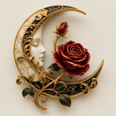 a rose entwined with a crescent moon, clean balanced composition on a plain background, no text