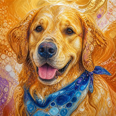 portrait of a golden retriever wearing a blue bandana, warm plain backdrop, no text