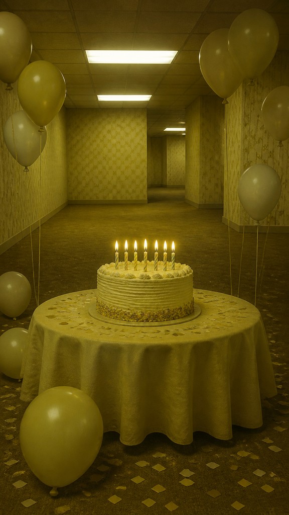 a birthday cake with lit candles surrounded by balloons and confetti, festive vertical composition, no text