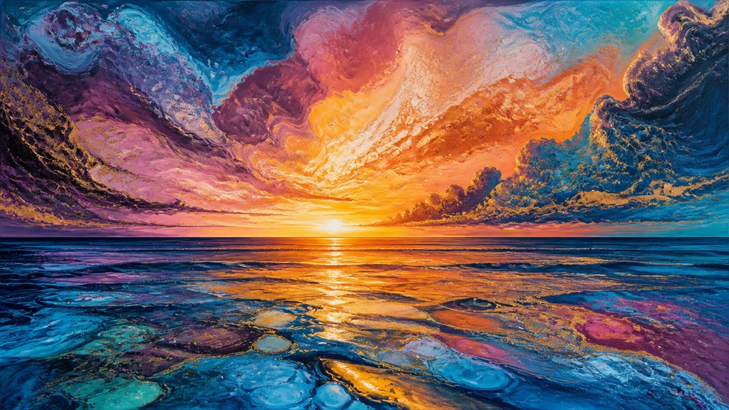a panoramic ocean horizon with towering clouds at golden hour, no people