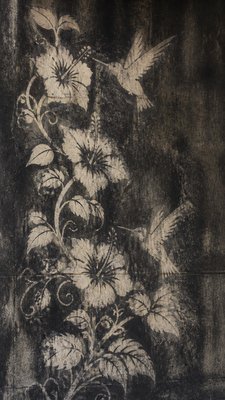 a climbing vine of flowers and hummingbirds on a dark background, tall wrapping composition, no text
