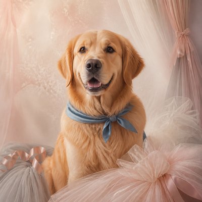 portrait of a golden retriever wearing a blue bandana, warm plain backdrop, no text