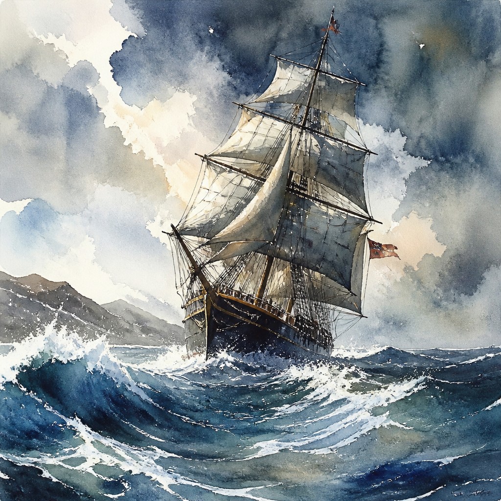 sailing ship on a stormy sea — Watercolor Painting Style