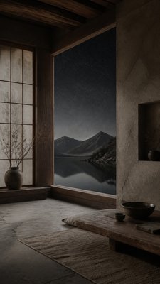 a tranquil mountain lake beneath a starry night sky, no people, no text
