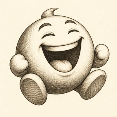 an exaggerated laughing face of an original round mascot character, bold and readable at small size, plain background, no text
