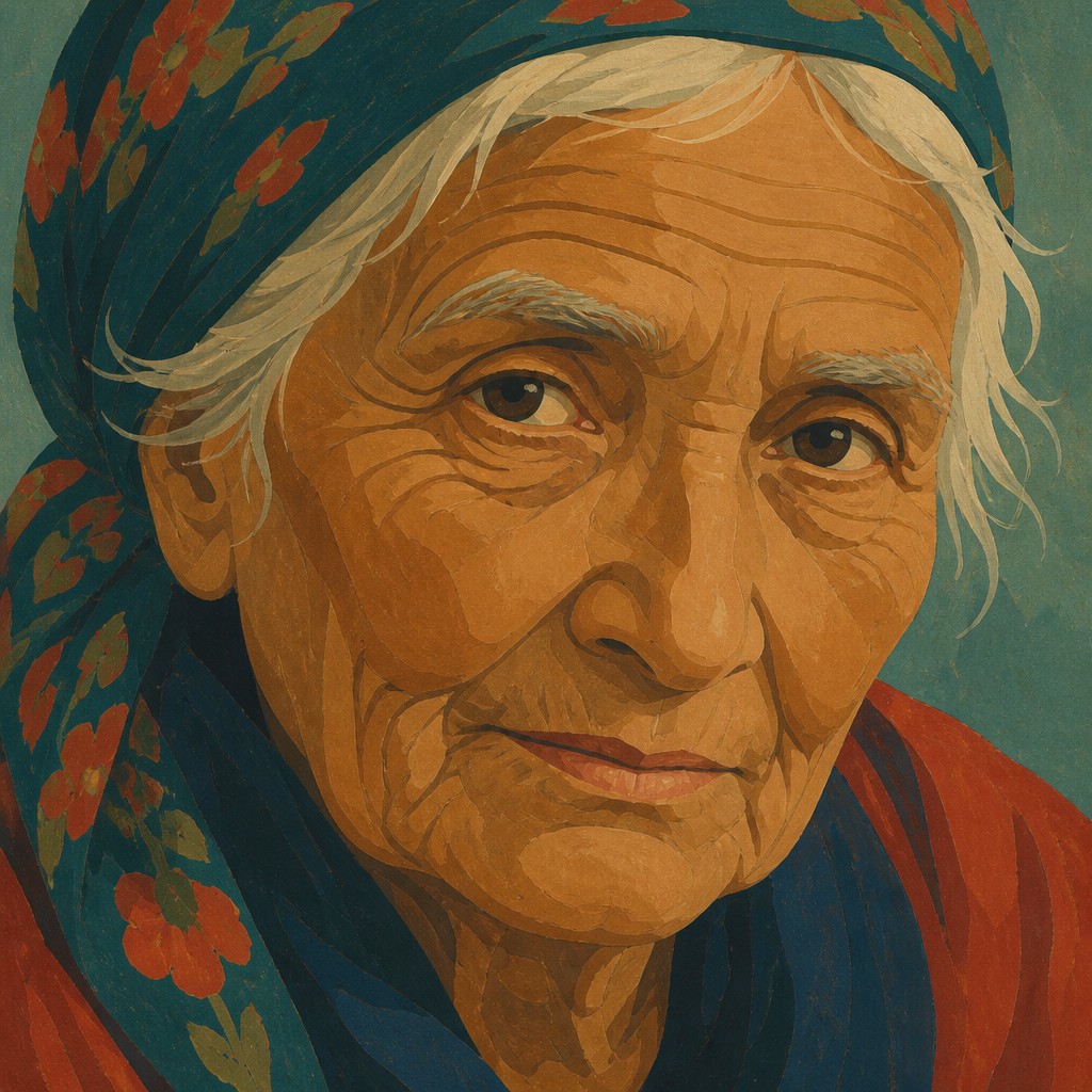 close-up portrait of an elderly person with expressive weathered features — Gouache Painting Style