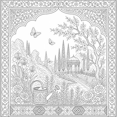 a garden scene with butterflies, flowers and a watering can, clean uncolored line art, no text
