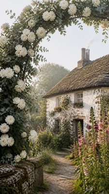 an arch of white roses and eucalyptus in soft morning light, elegant vertical composition with open space, no text
