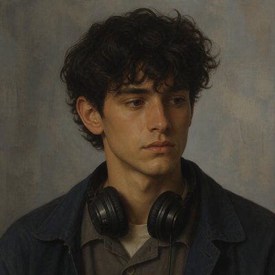 head-and-shoulders portrait of an original character: a young man with curly dark hair and headphones around his neck, plain backdrop, no text