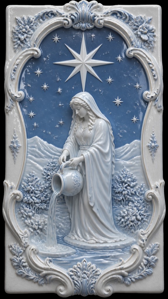 a robed figure pouring water beneath a large eight-pointed star in a night sky, symmetrical composition with an ornate decorative border, no text