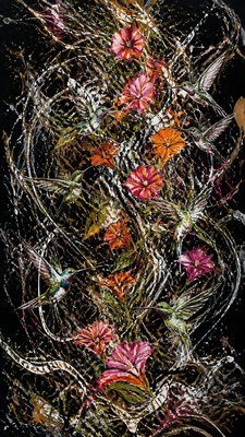 a climbing vine of flowers and hummingbirds on a dark background, tall wrapping composition, no text