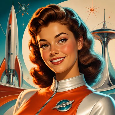 head-and-shoulders portrait of an original character: a young woman with wavy chestnut hair and a warm smile, plain soft backdrop
