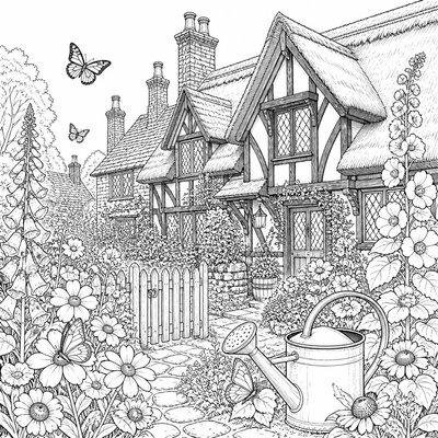 a garden scene with butterflies, flowers and a watering can, clean uncolored line art, no text