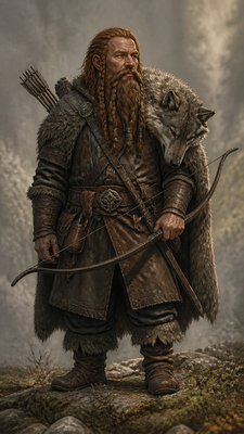 full-body original character: a dwarven ranger with a braided auburn beard, worn leather armor, a longbow and a wolf-pelt cloak, neutral background, no text