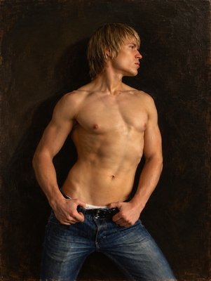a painting of a shirtless man with his hands on his hips