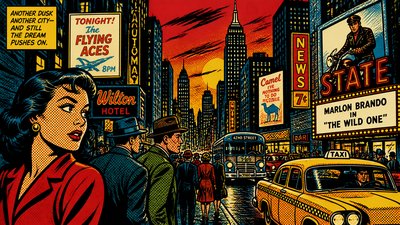 bustling city street panorama at dusk