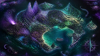 a map of an island realm with mountains, forests, a sheltered bay, sea monsters in the water and a compass rose, no text labels