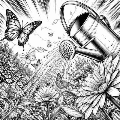 a garden scene with butterflies, flowers and a watering can, clean uncolored line art, no text