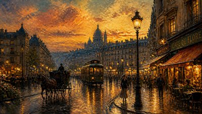 bustling city street panorama at dusk
